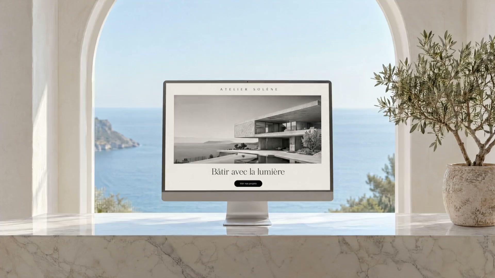 Site web d’un cabinet d’architecture affiché sur un grand écran, sous une arche blanche ouverte sur la mer